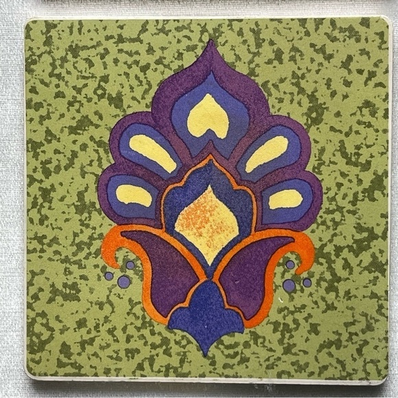 Vintage Clay Ceramic Tile Coasters Set of 4 Floral Motif - Picture 5 of 11